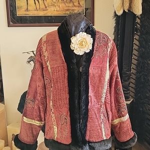 FAUX FUR TRIM VELVET & CHENILLE JACKET